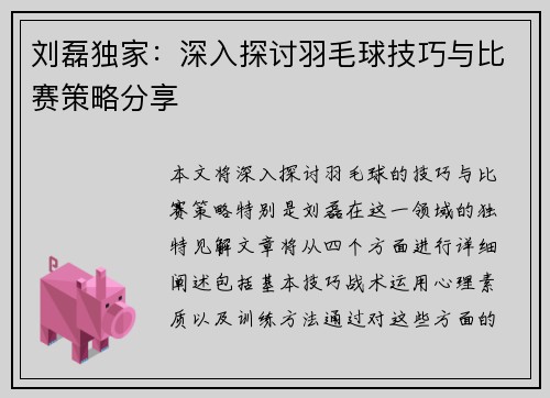 刘磊独家：深入探讨羽毛球技巧与比赛策略分享